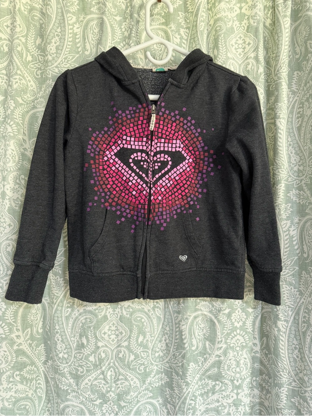 Roxy Girls Black Zip Hoodie with Pink Heart Mosaic